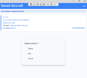 Aircraft list showing edit and delete options