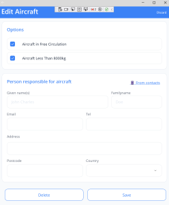 Add aircraft form scrolled down showing person responsible fields