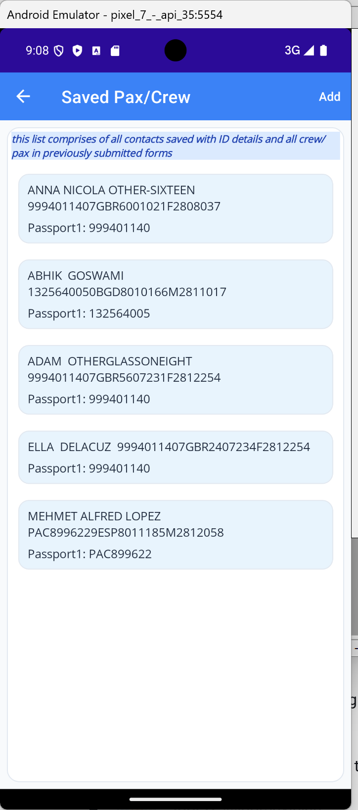 Crew and passenger list screen