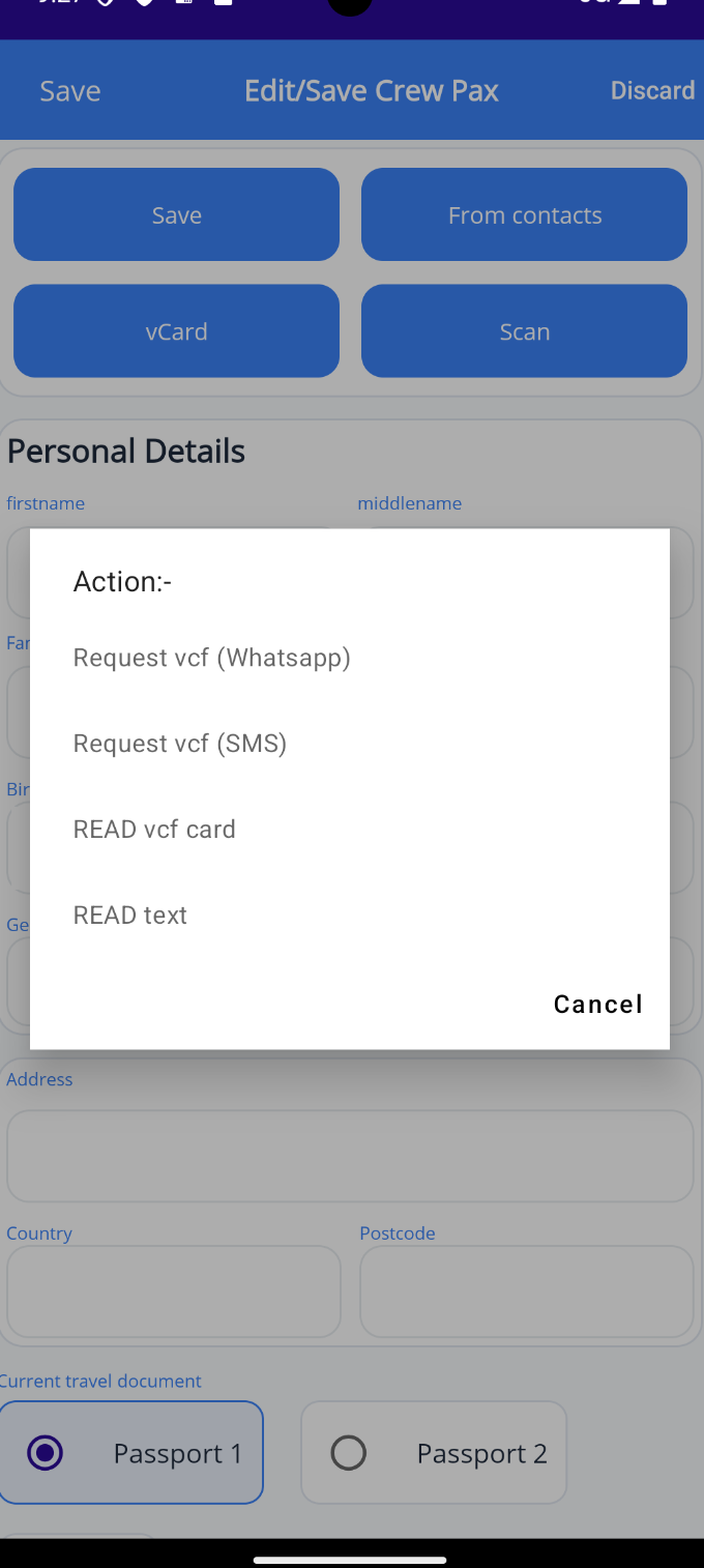 Import vCard screen