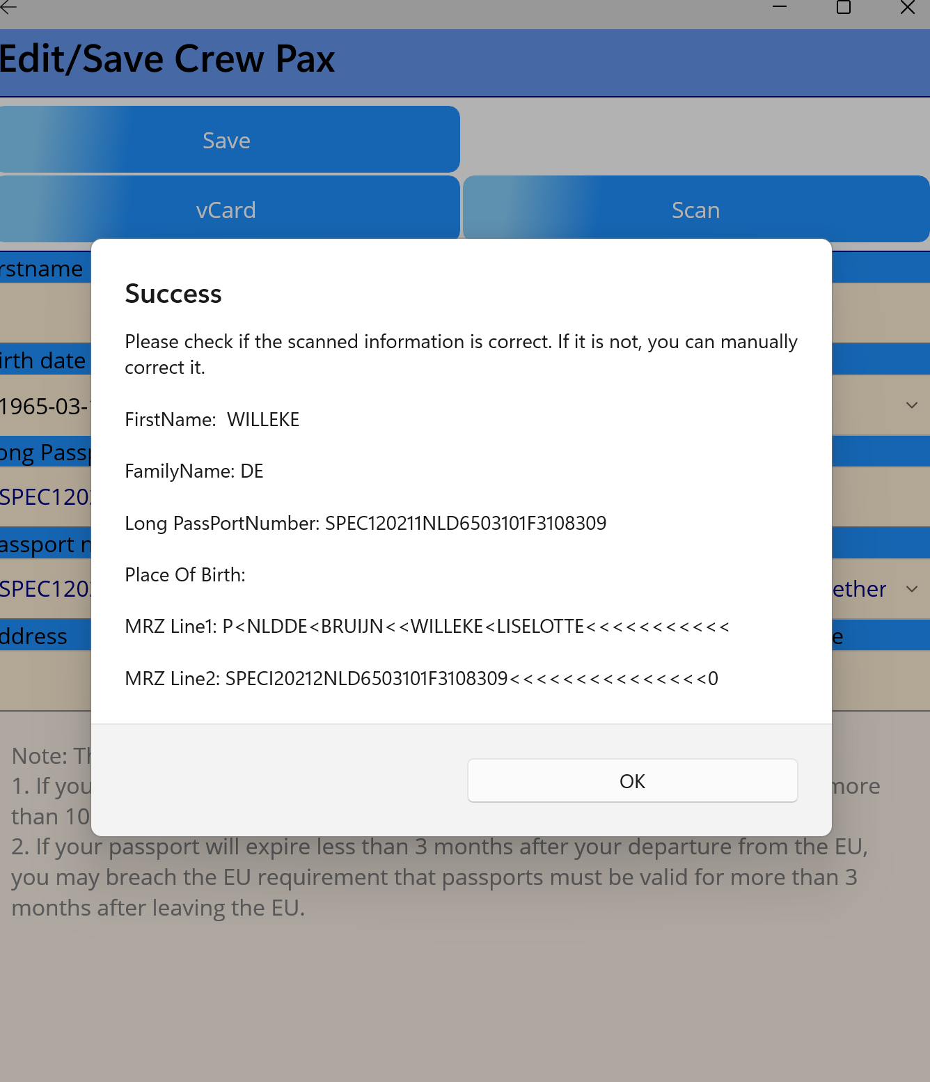 OCR scan result screen