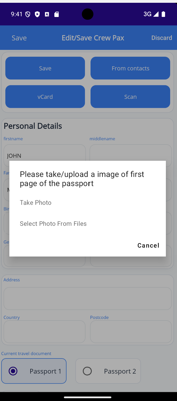 Scan passport popup screen